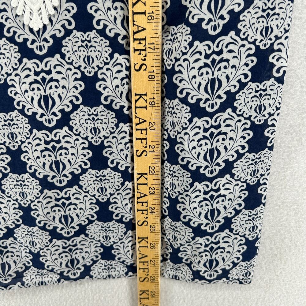 TALBOTS Top M Lace Bib Tunic Medallion Print Split Neck 3/4 Sleeve Cotton Blue - Picture 9 of 10